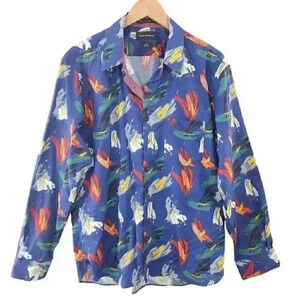 Paul Fredrick Blue Graphic Printed Long Sleeve Button Down Casual Slim shirt Men